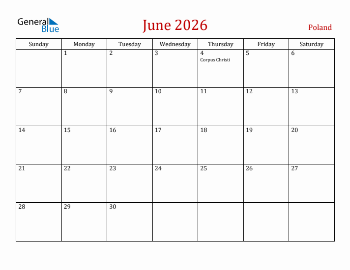 Poland June 2026 Calendar - Sunday Start