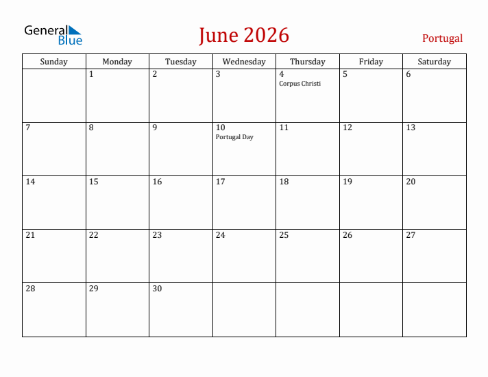 Portugal June 2026 Calendar - Sunday Start
