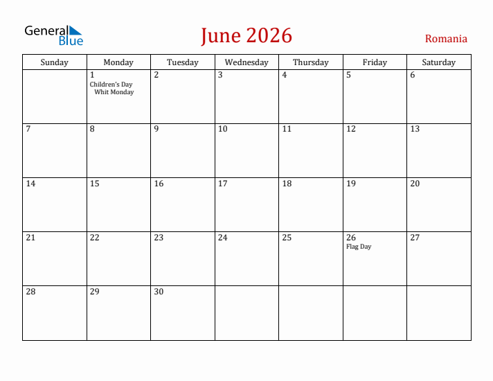 Romania June 2026 Calendar - Sunday Start