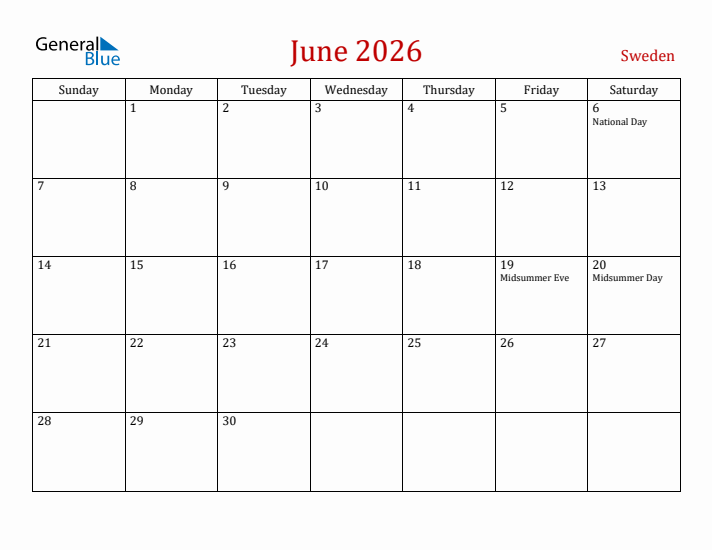 Sweden June 2026 Calendar - Sunday Start