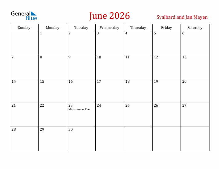Svalbard and Jan Mayen June 2026 Calendar - Sunday Start