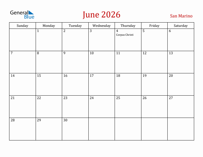 San Marino June 2026 Calendar - Sunday Start