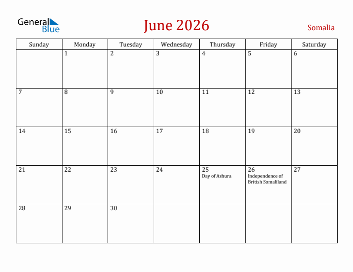 Somalia June 2026 Calendar - Sunday Start