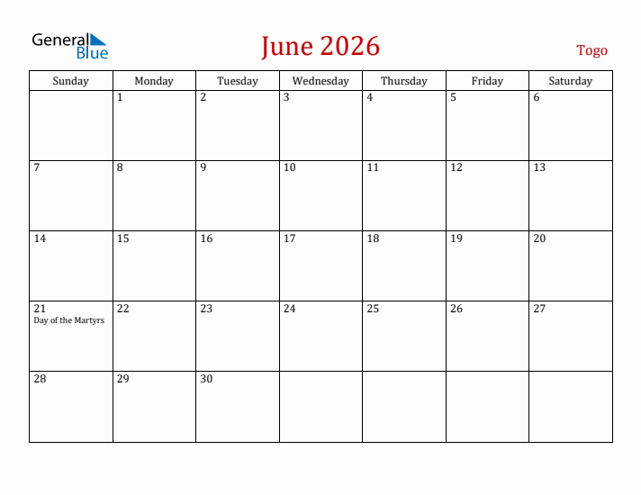 Togo June 2026 Calendar - Sunday Start
