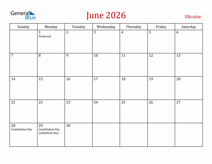 Ukraine June 2026 Calendar - Sunday Start