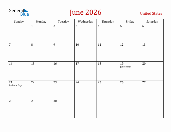 United States June 2026 Calendar - Sunday Start