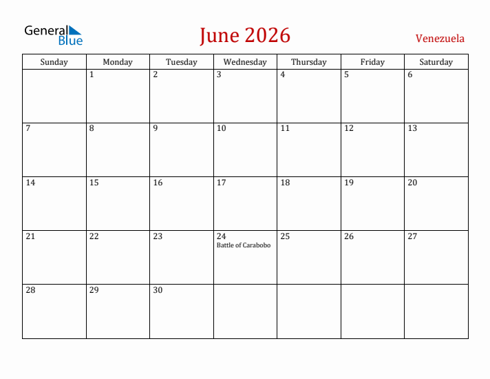 Venezuela June 2026 Calendar - Sunday Start