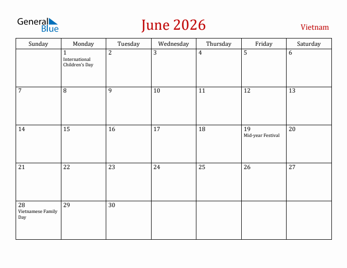 Vietnam June 2026 Calendar - Sunday Start