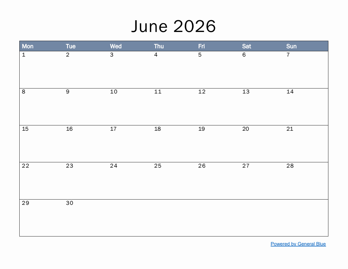 Monthly Calendar Template for June 2026