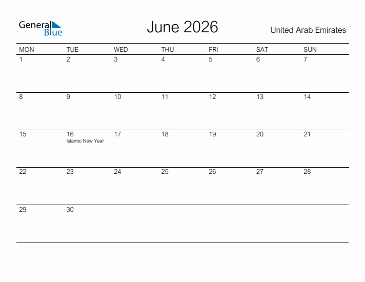 Printable June 2026 Calendar for United Arab Emirates