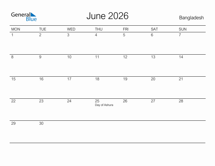 Printable June 2026 Calendar for Bangladesh