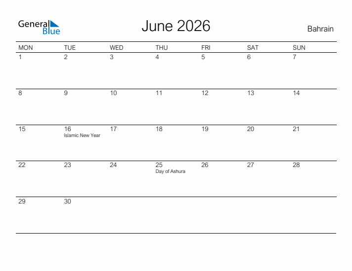 Printable June 2026 Calendar for Bahrain