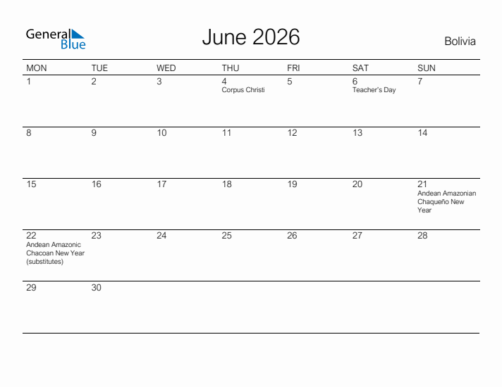 Printable June 2026 Calendar for Bolivia