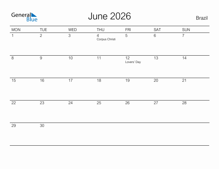 Printable June 2026 Calendar for Brazil