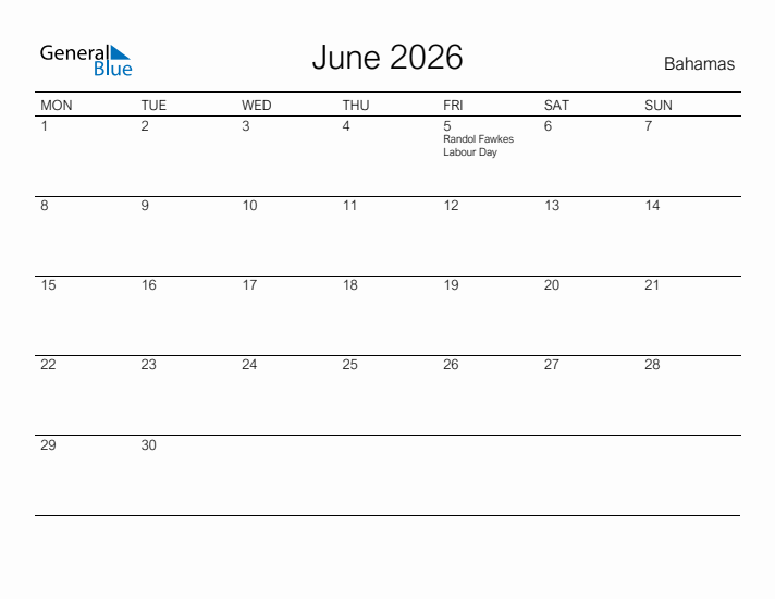 Printable June 2026 Calendar for Bahamas