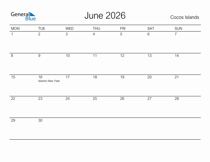 Printable June 2026 Calendar for Cocos Islands