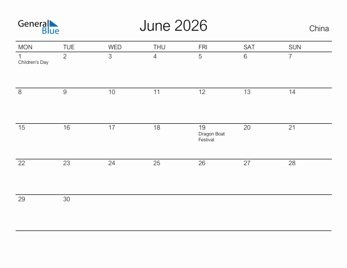 Printable June 2026 Calendar for China