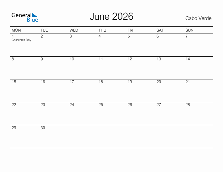 Printable June 2026 Calendar for Cabo Verde