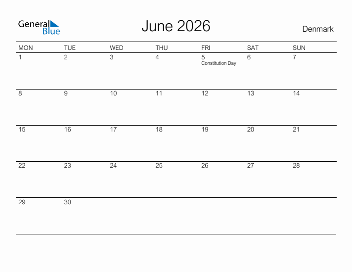 Printable June 2026 Calendar for Denmark