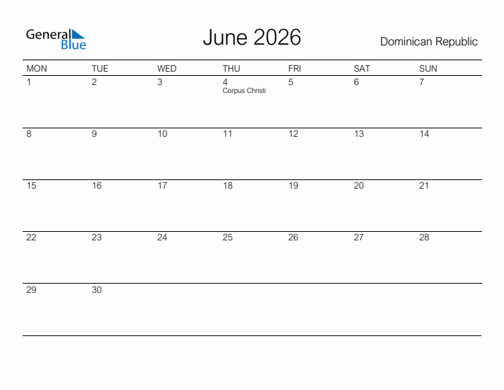 Printable June 2026 Calendar for Dominican Republic