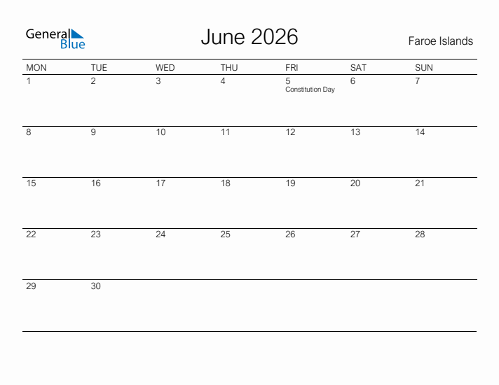 Printable June 2026 Calendar for Faroe Islands