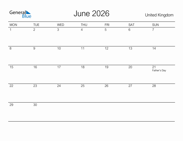 Printable June 2026 Calendar for United Kingdom