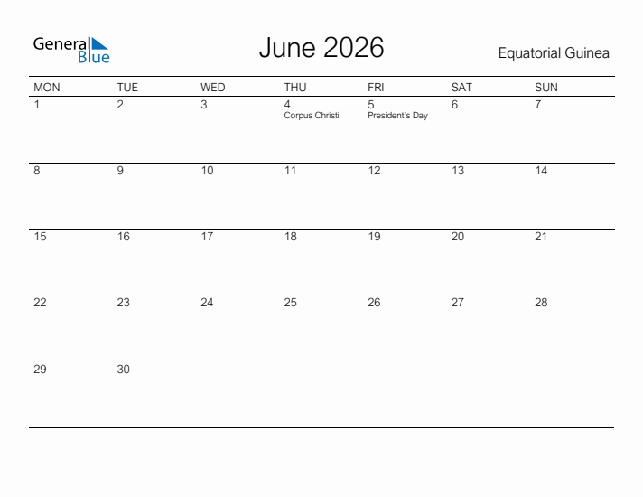 Printable June 2026 Calendar for Equatorial Guinea