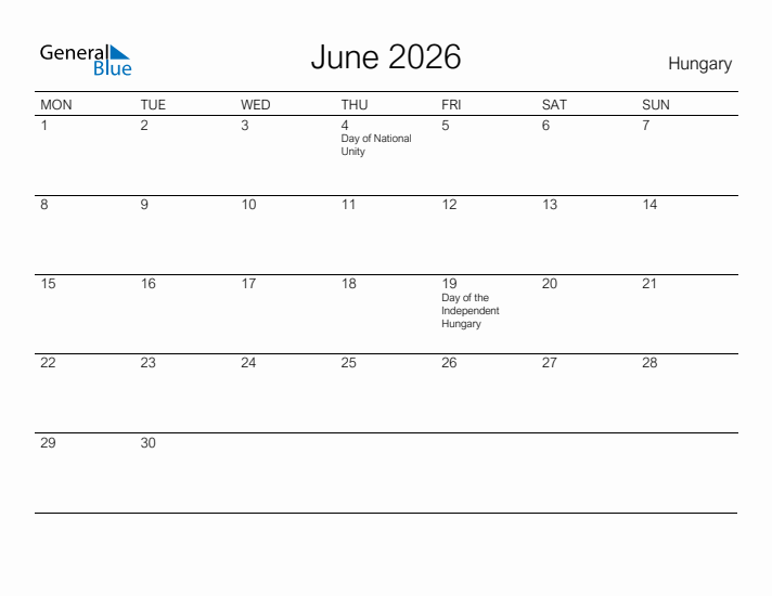 Printable June 2026 Calendar for Hungary