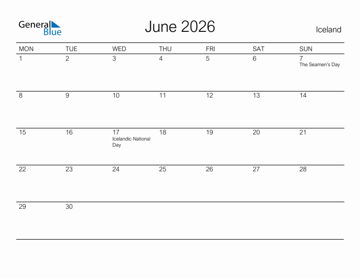 Printable June 2026 Calendar for Iceland