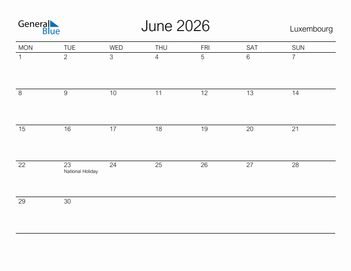 Printable June 2026 Calendar for Luxembourg