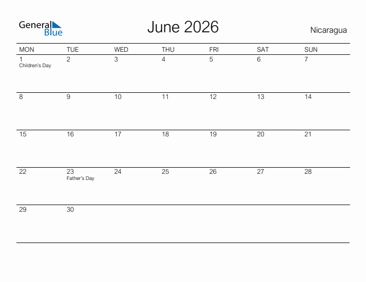 Printable June 2026 Calendar for Nicaragua