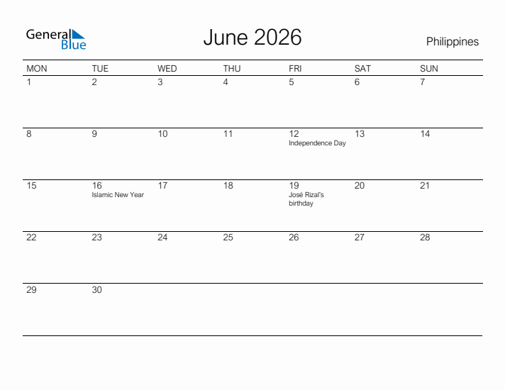 Printable June 2026 Calendar for Philippines
