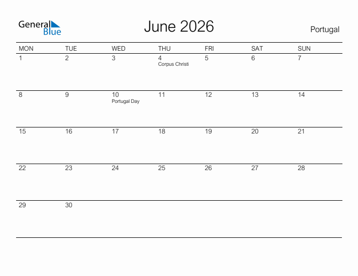 Printable June 2026 Calendar for Portugal