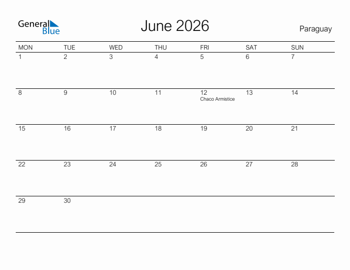 Printable June 2026 Calendar for Paraguay
