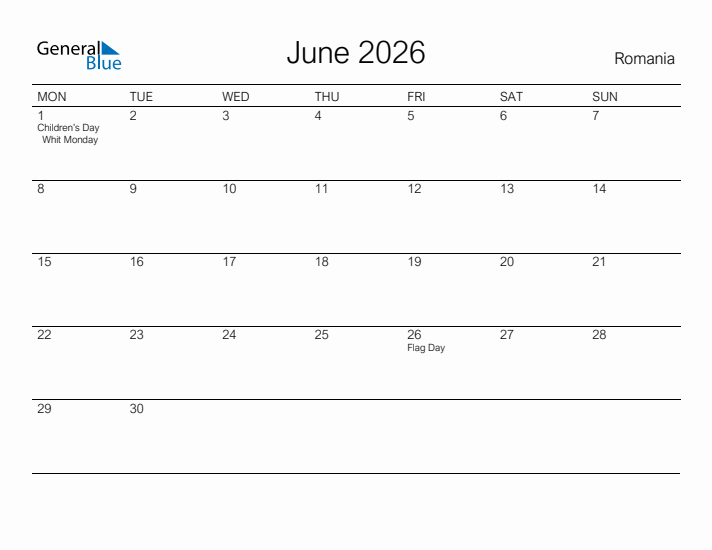 Printable June 2026 Calendar for Romania