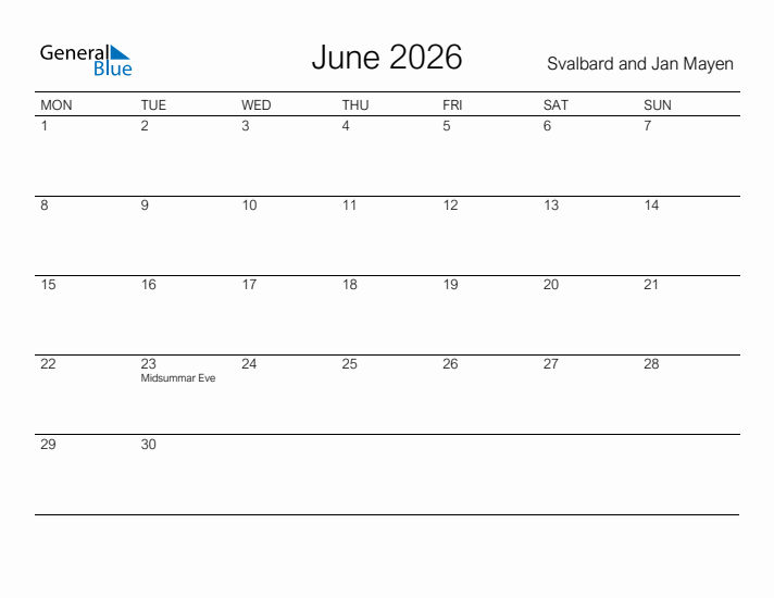 Printable June 2026 Calendar for Svalbard and Jan Mayen