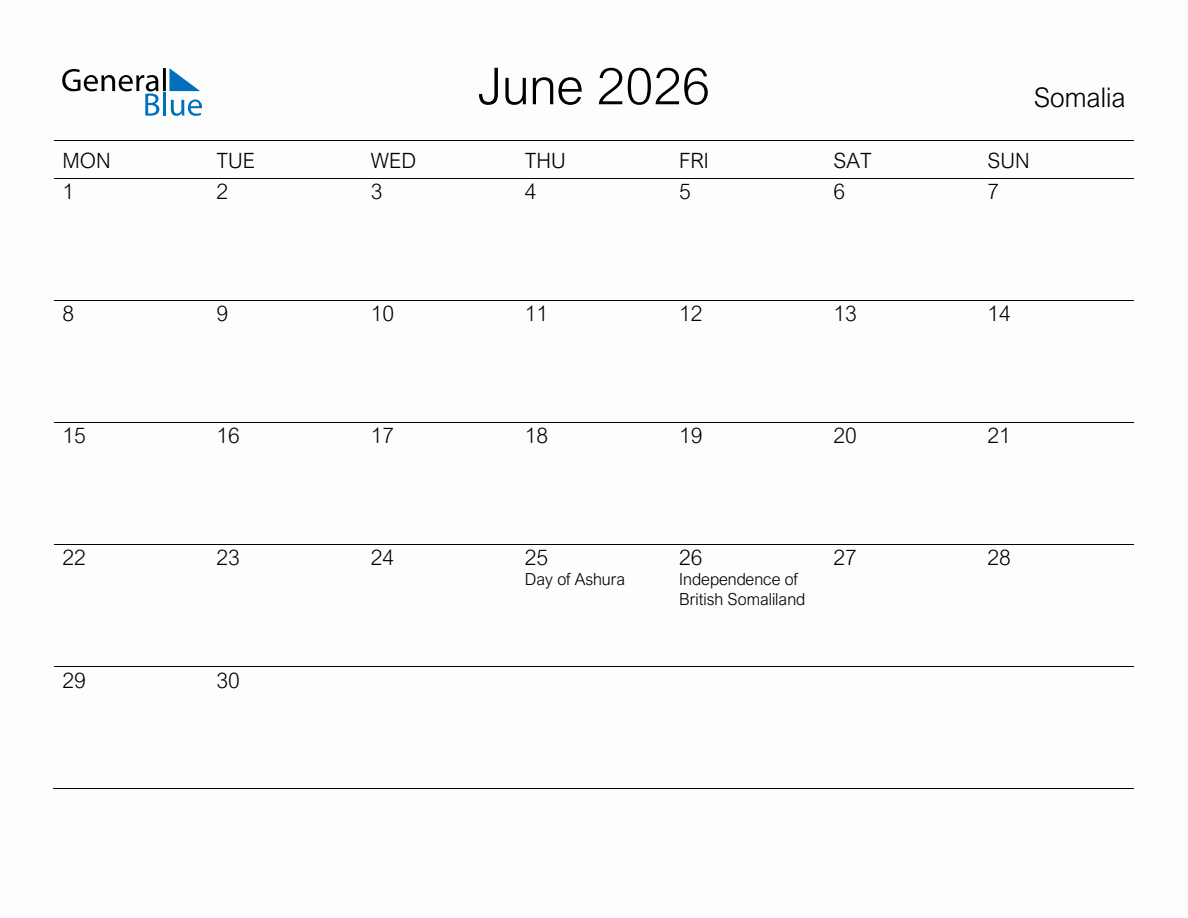 Printable June 2026 Monthly Calendar with Holidays for Somalia