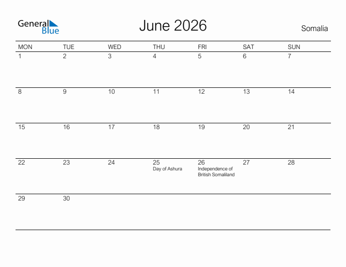 Printable June 2026 Calendar for Somalia