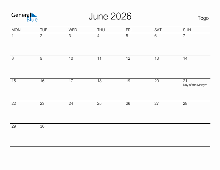 Printable June 2026 Calendar for Togo