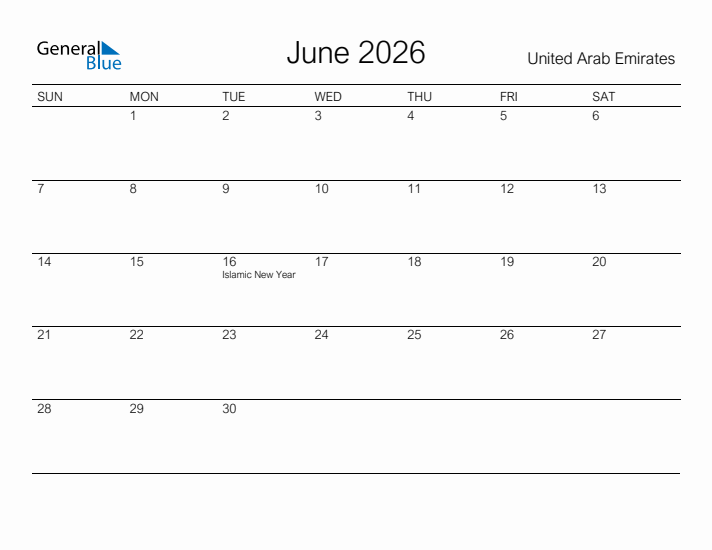 Printable June 2026 Calendar for United Arab Emirates