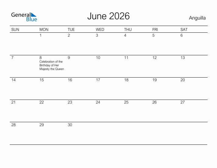Printable June 2026 Calendar for Anguilla