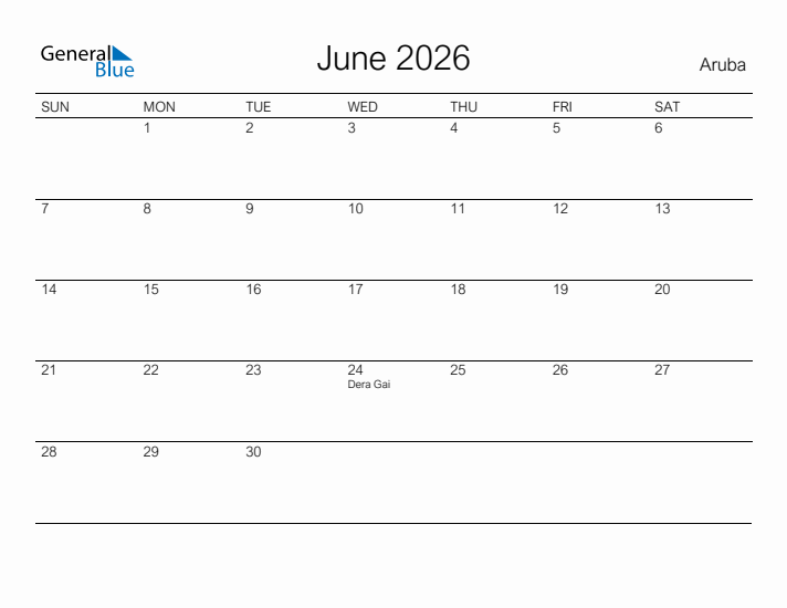 Printable June 2026 Calendar for Aruba