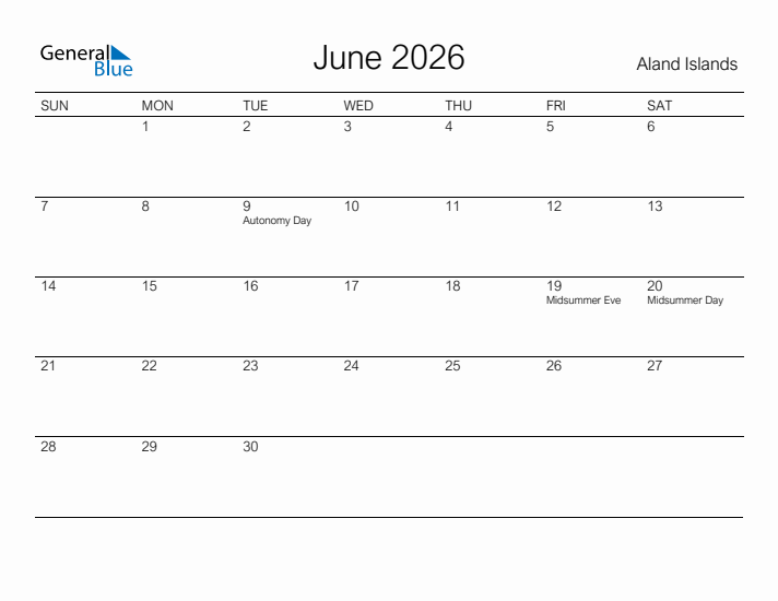 Printable June 2026 Calendar for Aland Islands