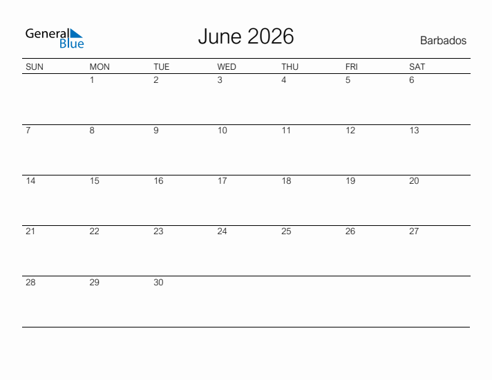 Printable June 2026 Calendar for Barbados