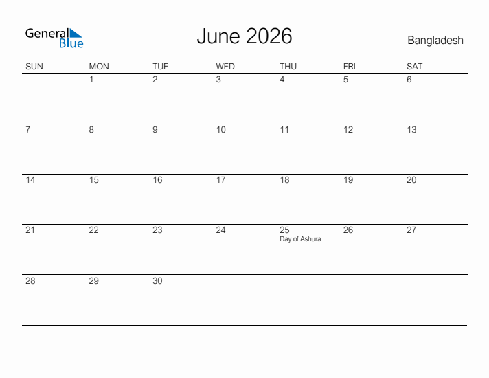 Printable June 2026 Calendar for Bangladesh