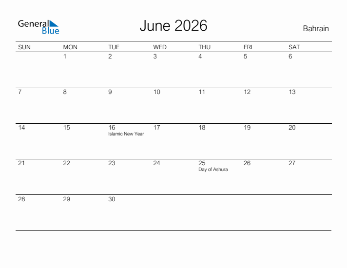 Printable June 2026 Calendar for Bahrain