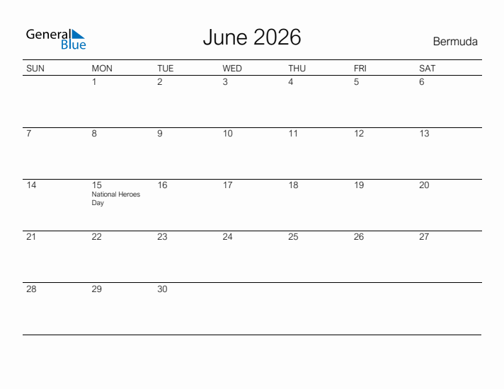 Printable June 2026 Calendar for Bermuda