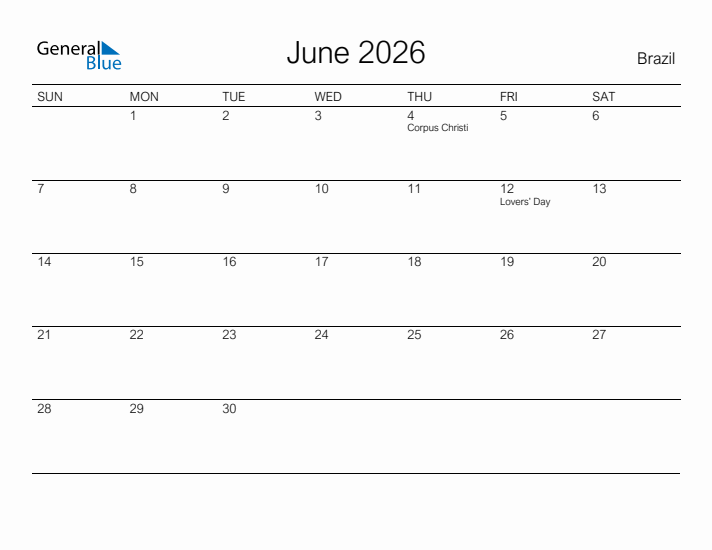 Printable June 2026 Calendar for Brazil