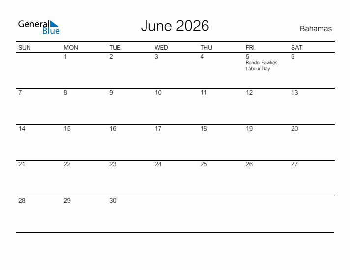 Printable June 2026 Calendar for Bahamas