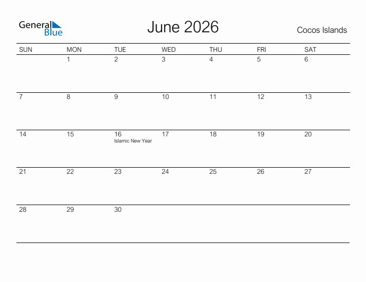 Printable June 2026 Calendar for Cocos Islands